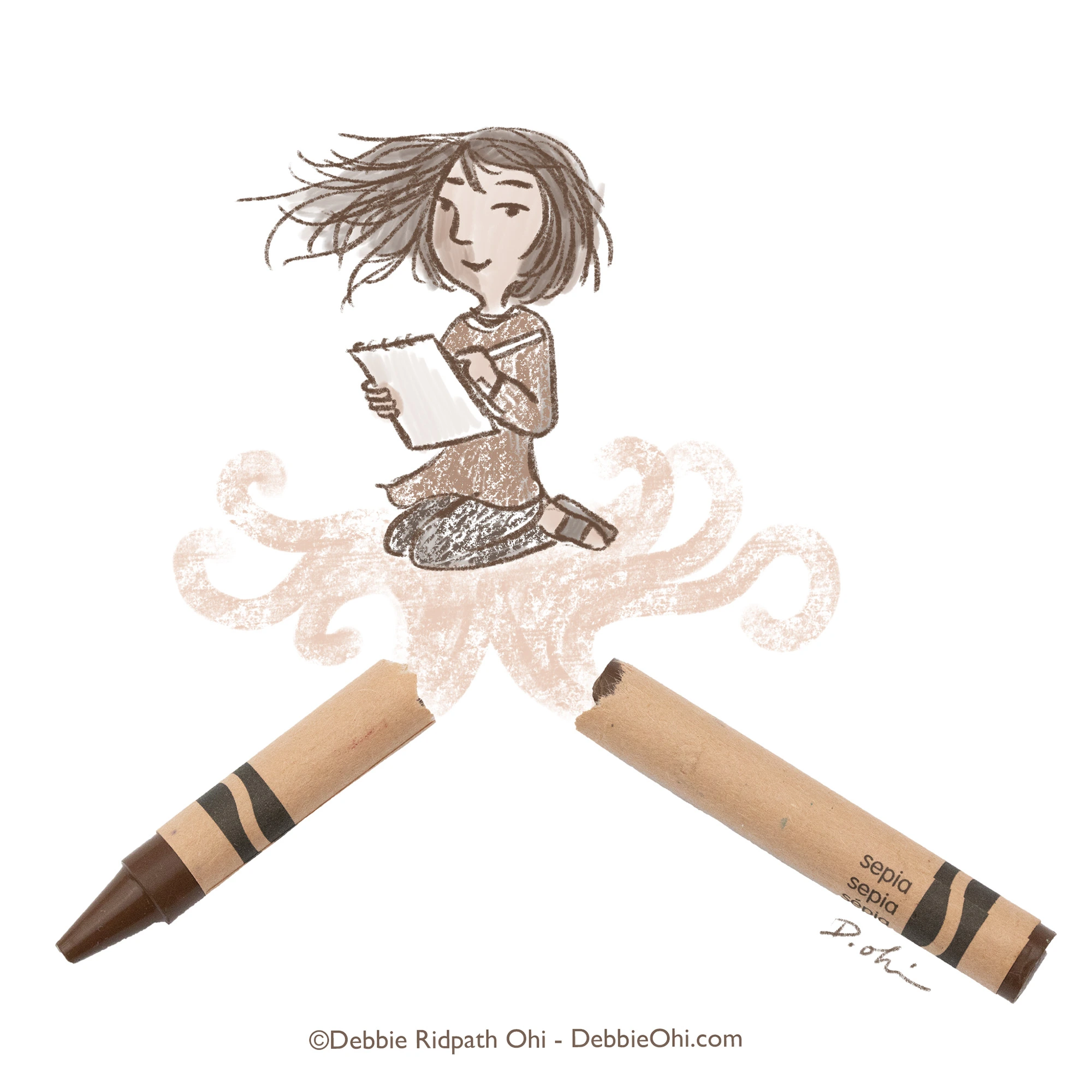 Broken art art with a brown crayon with a girl writing in a notebook