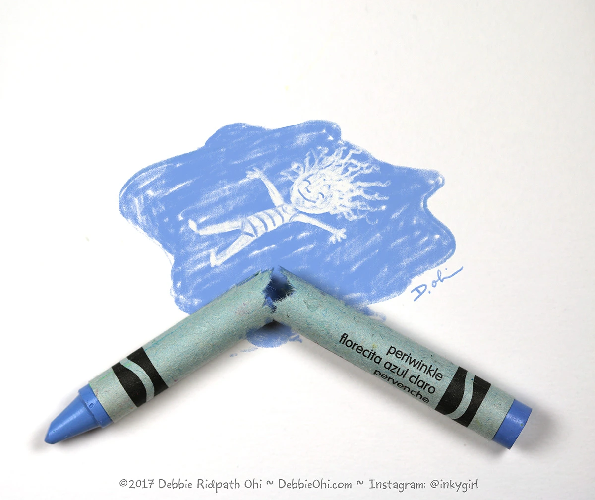 Broken art art with a blue crayon, showing a child floating in blue water.