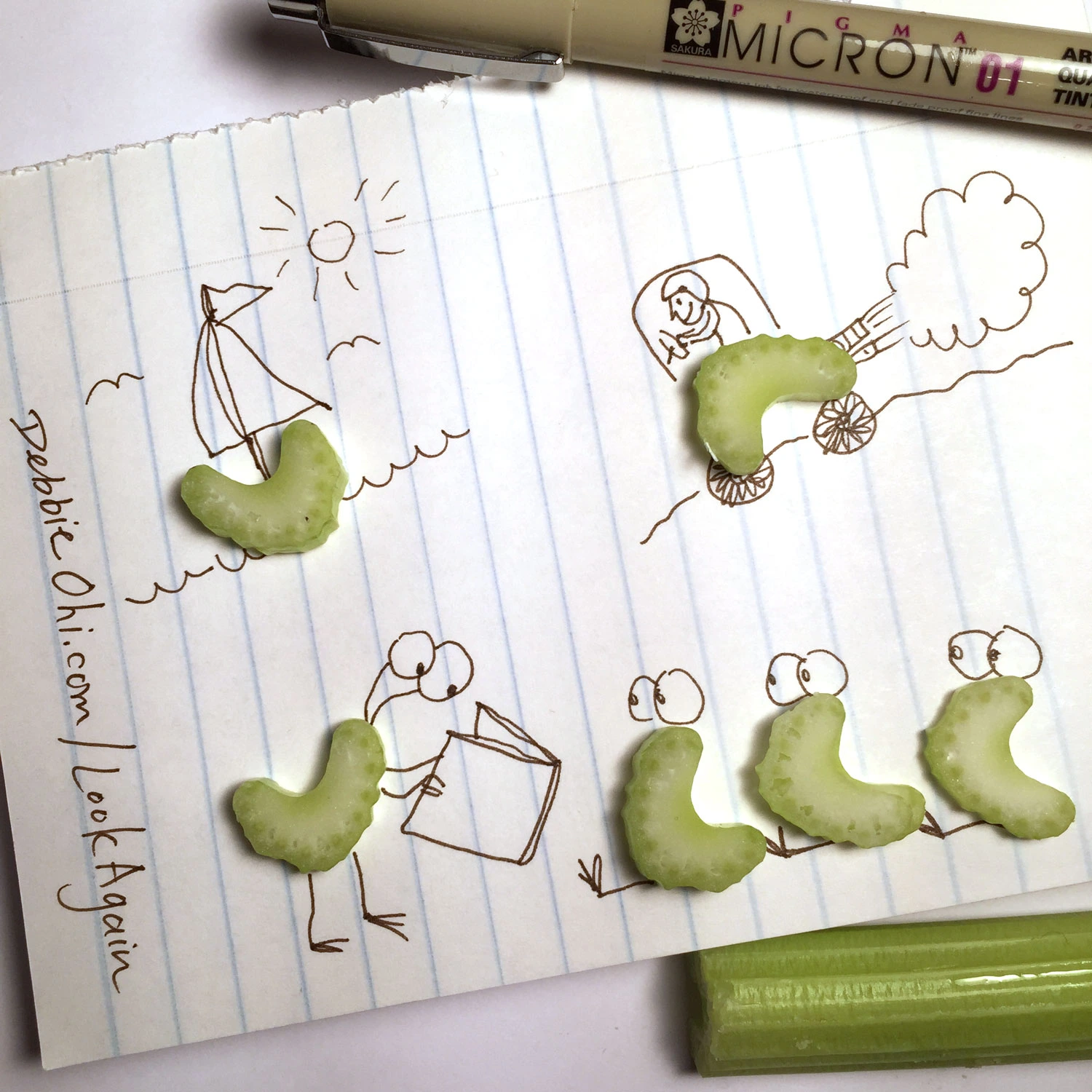 Found object art featuring small celery slices turned into mini art pieces
