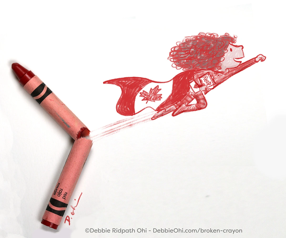 Broken art art with a red crayon, showing a child flying out like a Canadian flag caped superhero