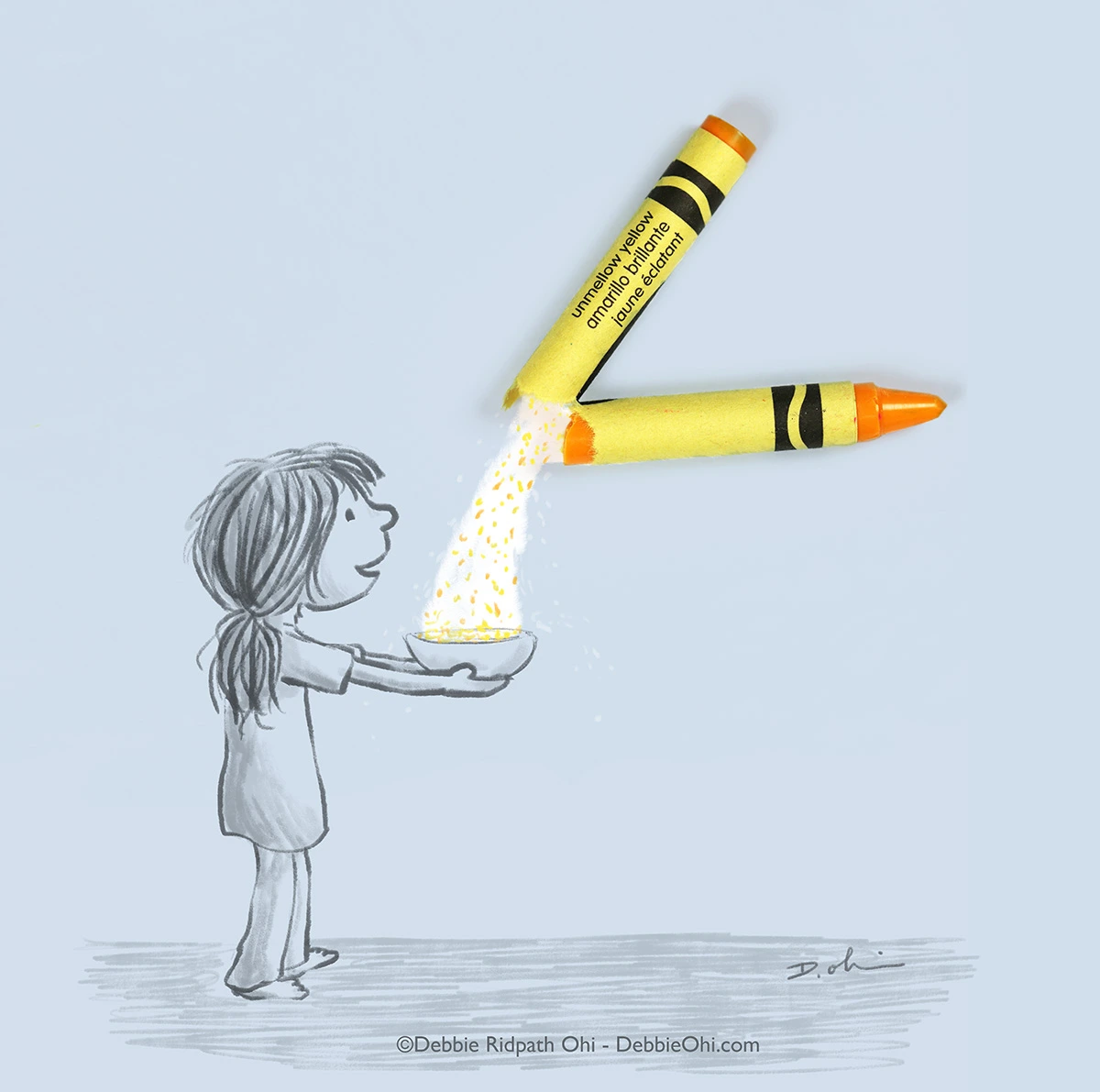 Broken art art with a yellow crayon, showing a child holding a bowl getting filled with light pouring out of the broken crayon