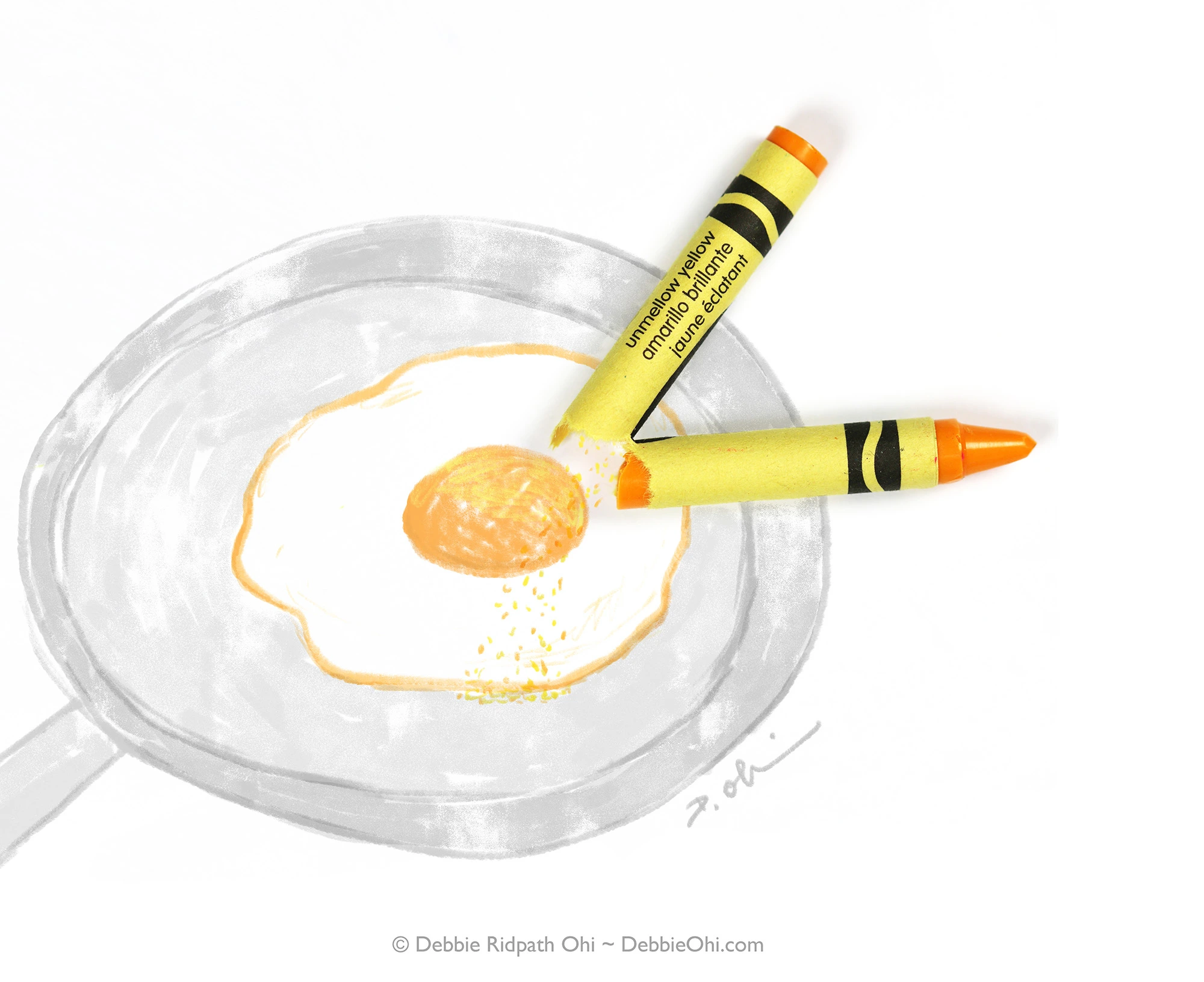 Broken art art with a yellow crayon breaking an egg into a frypan