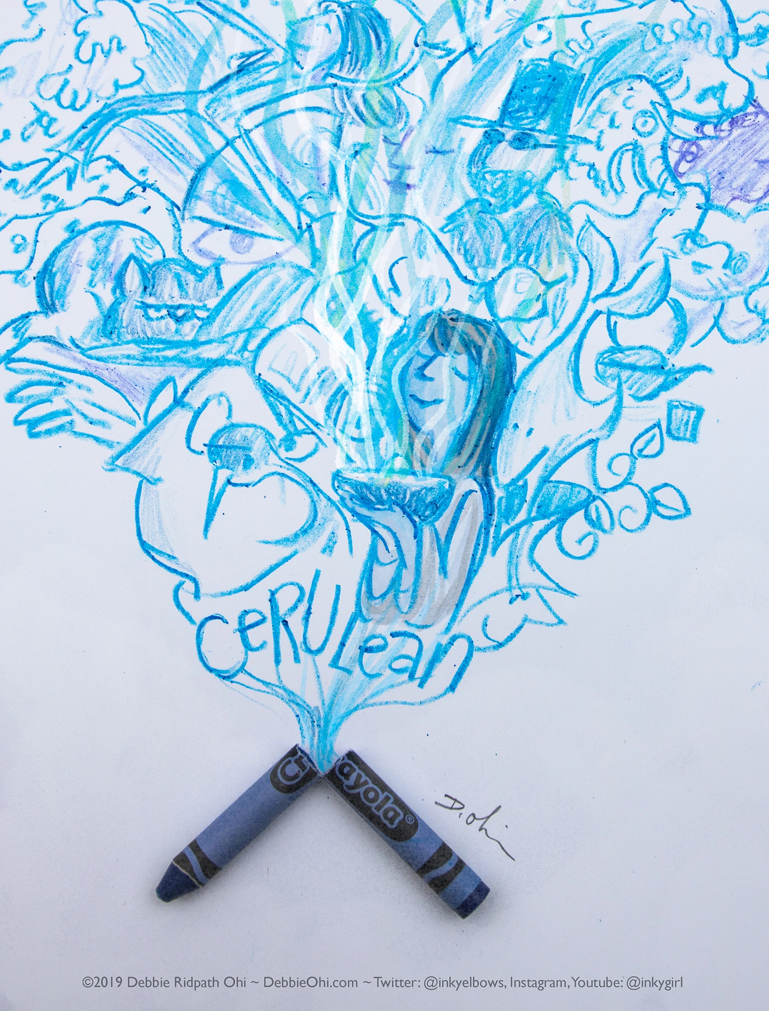 Broken art art with a blue crayon with a dreamy girl imaging all kinds of things