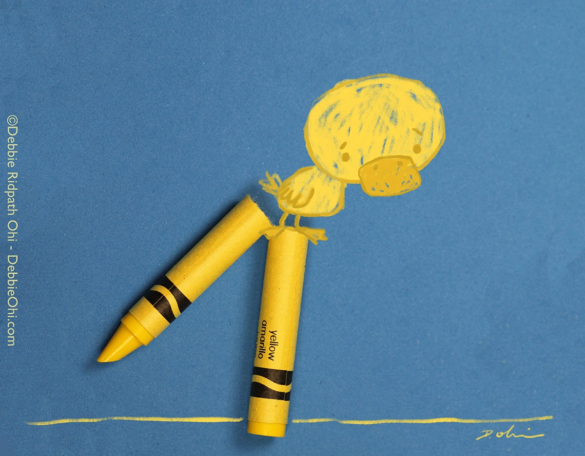 Broken art art with yellow crayon, portraying a duck.
